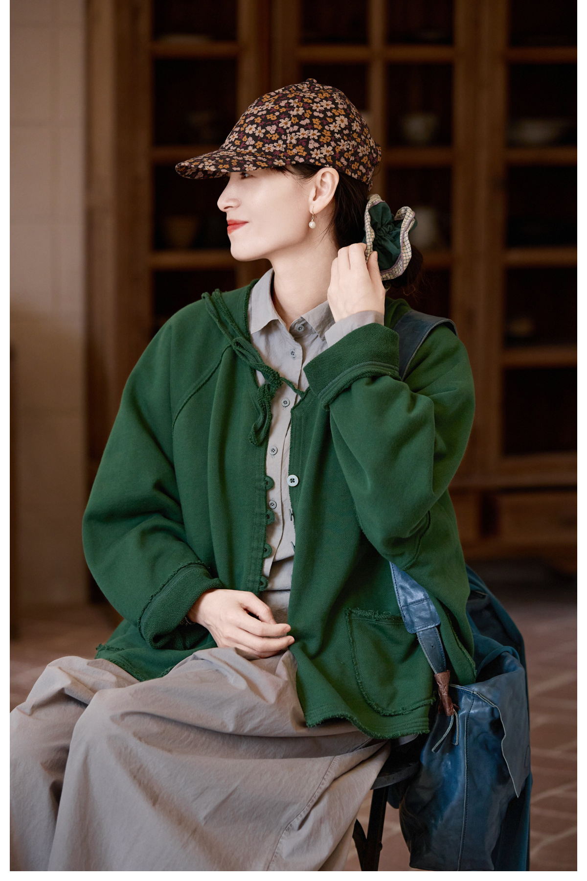 Mシーズン対応 落ち着いた松葉グリーン 長繊維綿 しっとりQ弾ニット