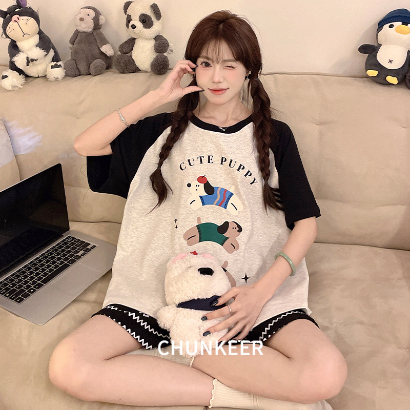 Cotton Pajamas Women's Summer Short-sleeved Shorts Thin Home Wear Korean Style Cute Cartoon Casual suit