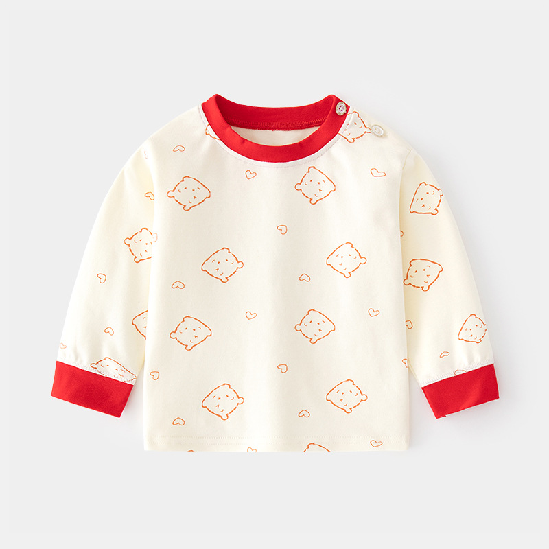 Camiseta de algodón para bebés con estampado vintage de dibujos animados y abertura en el hombro, ropa interior para primavera y otoño, mayorista