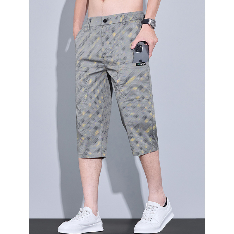 2025 Summer Thin Elastic Slim Straight Letter Print Versatile Six-Pocket Cropped Shorts for Men