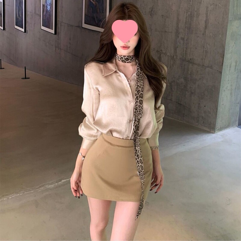 御姐风套装女气质缎面领长袖衬衫女秋季高级感显瘦短裙两件套|undefined