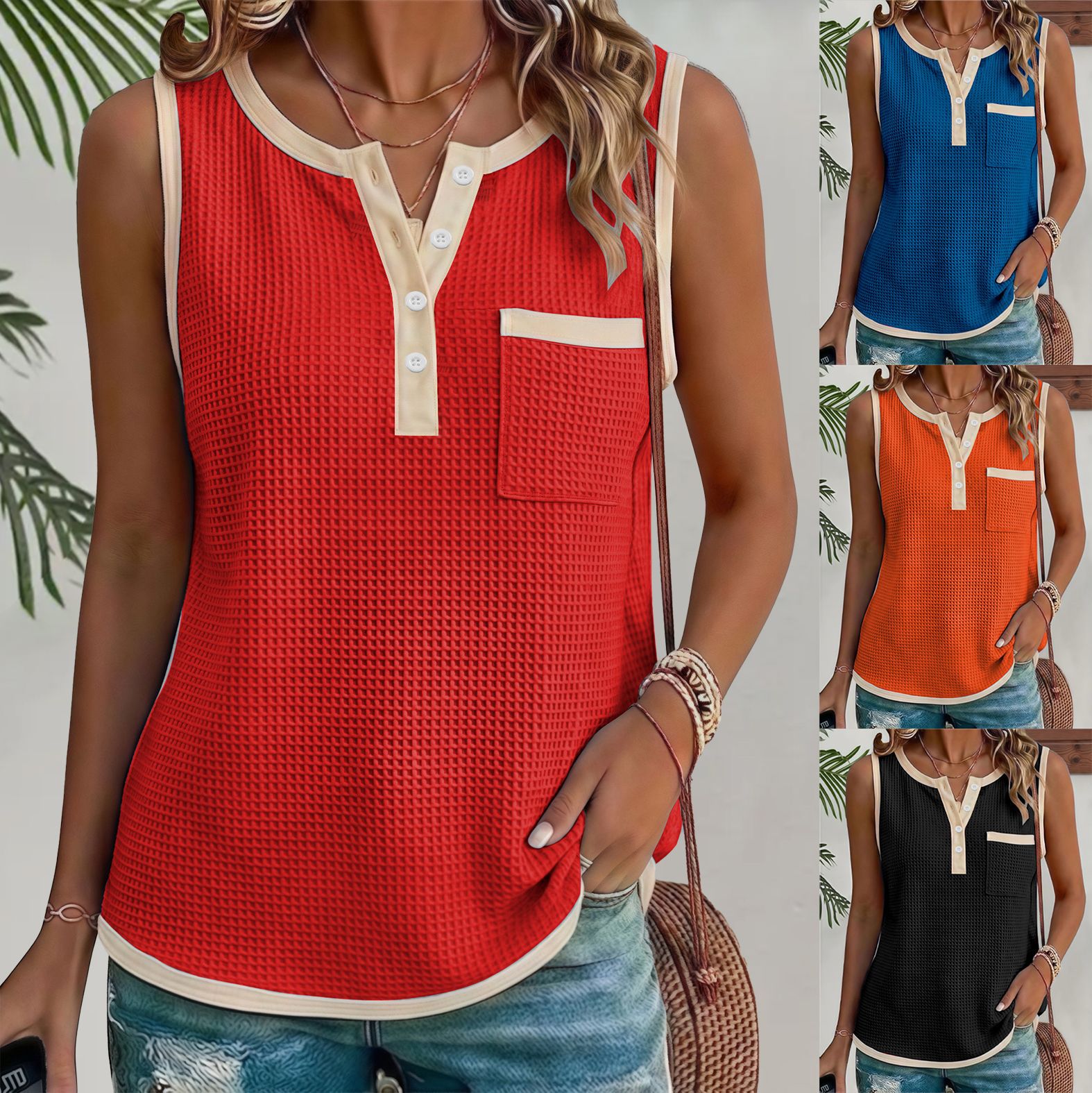2026 Summer New European And American Fashion Casual Solid Color Waffle Splicing Women's Tank Top_ecoleips.com