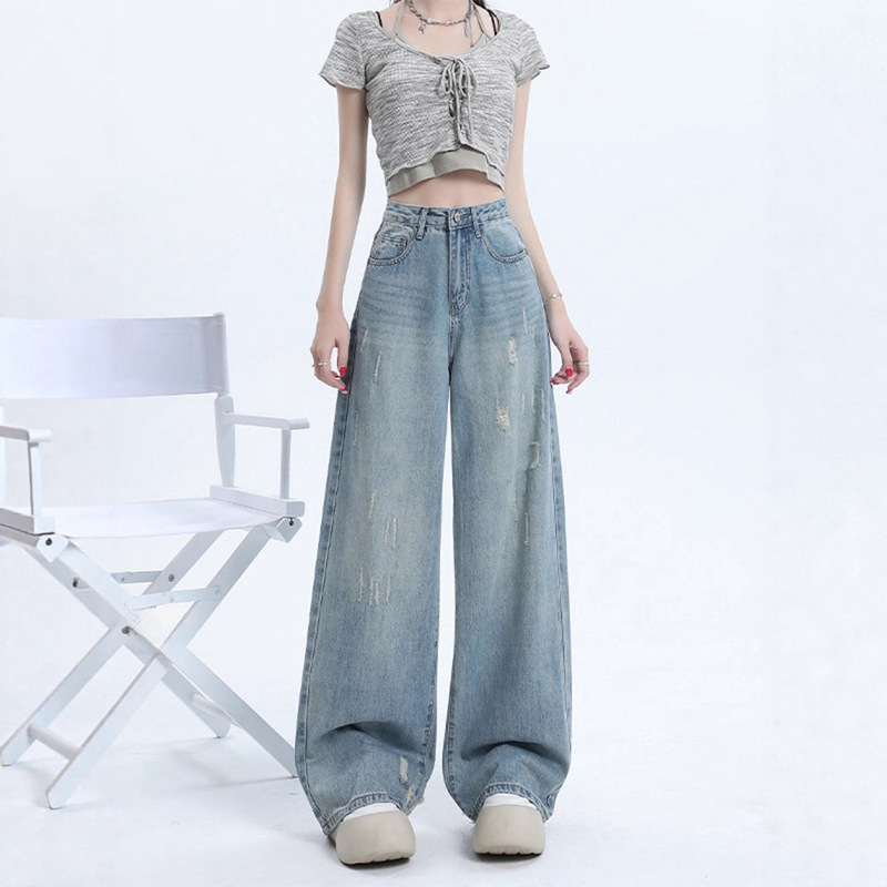 La Shajia Light Blue Ripped and Frayed Design High-Waisted Straight Jeans for Women in Autum Loose Wide-Leg Floor-Length Pants