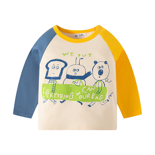 Cross-border children's clothing long-sleeved T-shirt pure cotton spring and autumn color block trendy cartoon Korean style stylish base shirt wholesale one-piece dropshipping