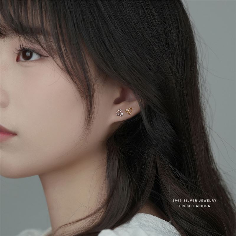 Rabbit Stud Earrings Silver Diamond Studded French Style Jewellery_voghion.com