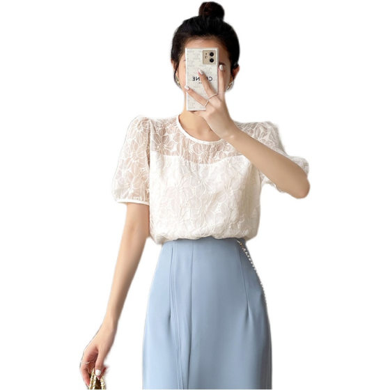 French short-sleeved chiffon shirt women's summer 2023 new fashion lace base shirt bubble sleeve short top
