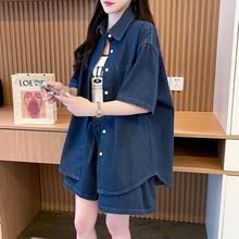 大码女装牛仔衬衫短裤运动套装女夏季2025新款时尚宽松休闲两件套