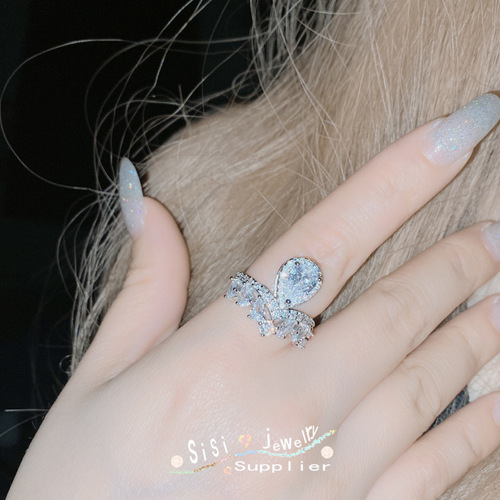 SIsi Brilliant Full Diamond Niche Asymmetric Earrings Index Finger Ring for Women Gold-plated Light Luxury Micro-Inlaid Zirconium Diamond Crown Ring