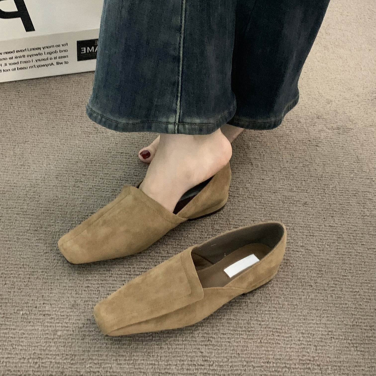 Qadın zamşa ayaqqabısı, kvadrat burunlu, alçaq dabanlı loafer
