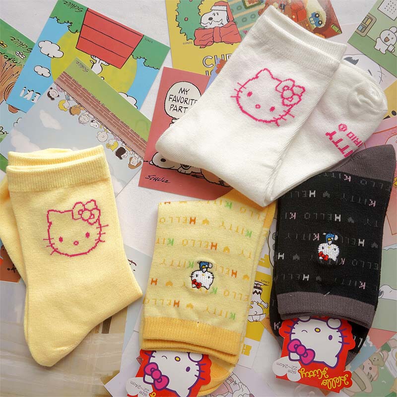 Japanese Style Cute Hello Kitty Sanrio Cotton Socks Soft Cute Girl Preppy Style Girl Jk Cartoon Mid-Calf Socks Female Lolita