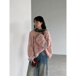 江左慵懒软糯宽松长袖圆领毛衣女秋季 羊毛混纺混色花纱上衣 8232
