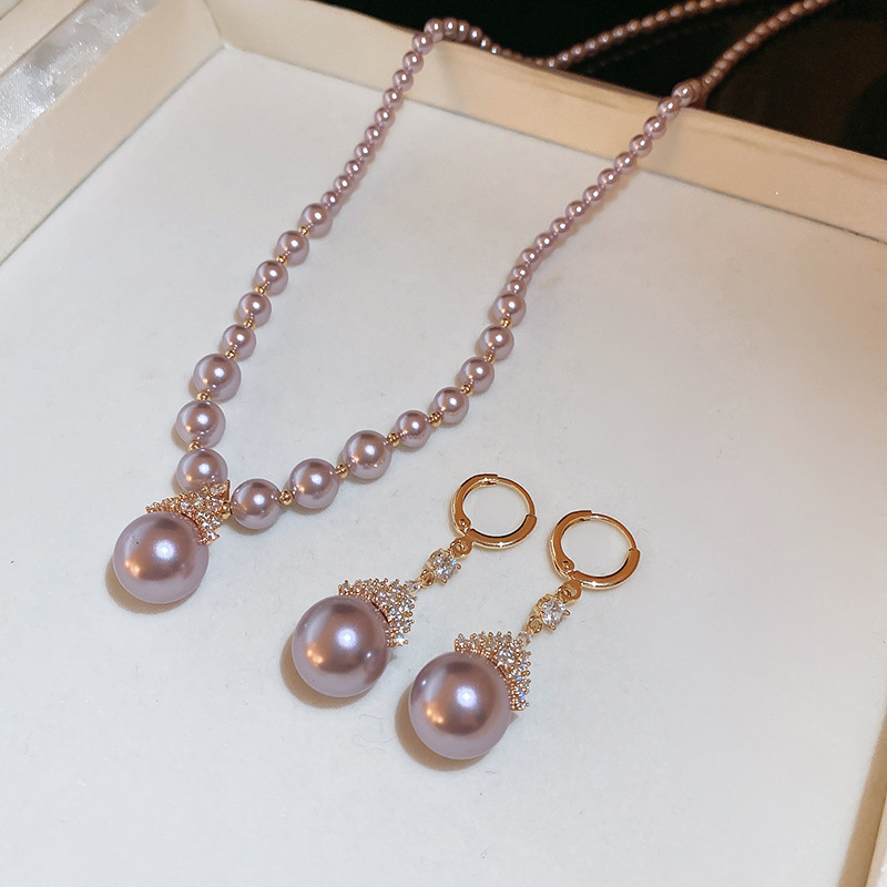 真金电镀圆形珍珠款耳钉项链套装小众耳环时尚气质耳饰轻奢高级感详情17