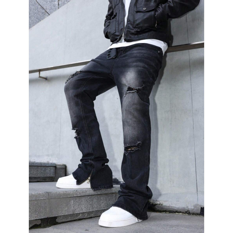 L 73133 Cross-Border Export New Men's Casual Distressed Zipper Ankle Jeans Men's Black