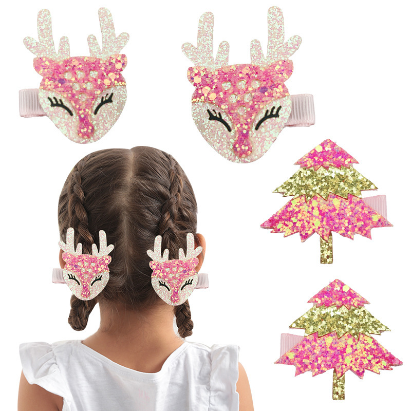 20817新しいクリスマスちょう結びヘアクリップ立体鹿角bbクリップスパンコールクリスマスツリー子供ペアクリップ頭飾り|undefined