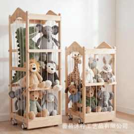 木质玩偶收纳架落地公仔毛绒玩具整理架带滚轮玩具填充网置物架