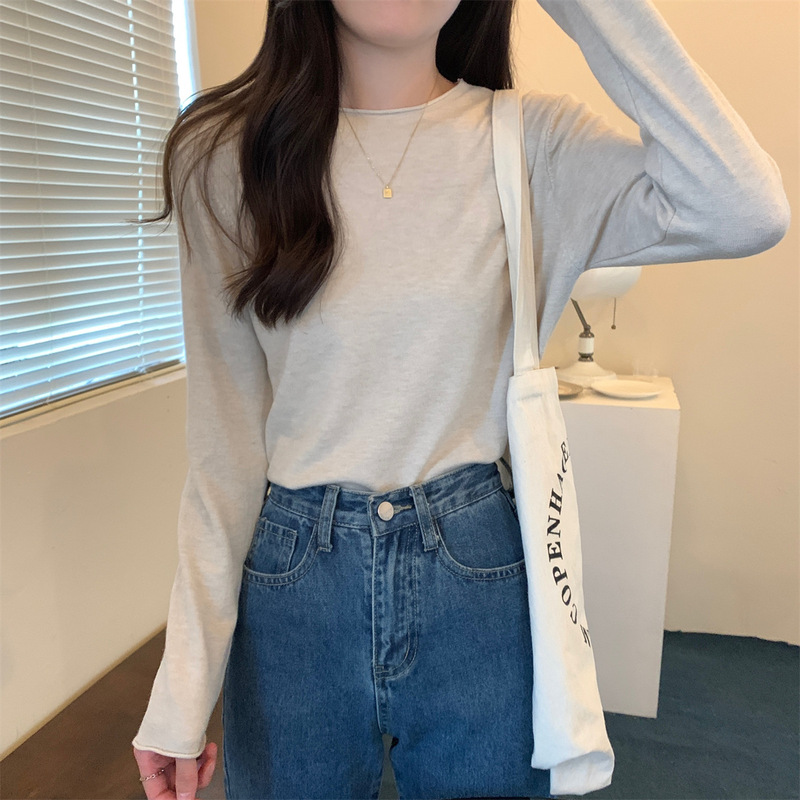 韩版基础款圆领卷边针织衫打底女早秋慵懒风毛衣长袖软糯内搭上衣|undefined