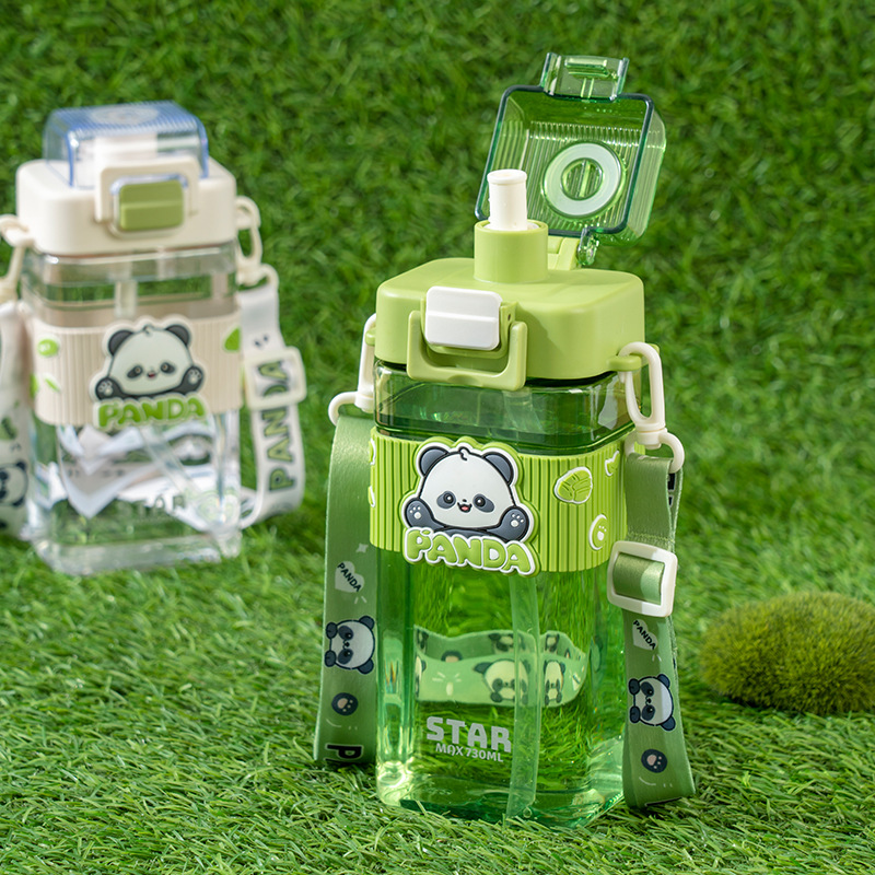 Yitongxin Panda simple taza de plástico de doble bebida taza cuadrada portátil de dibujos animados para niños botella de agua taza de paja de tapa de bloqueo