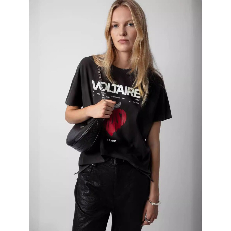 24 Spring/Summer New French Niche ZV Women's Short-Sleeve Cotton T-Shirt with Letter, Apple, and Heart Print on the Back
