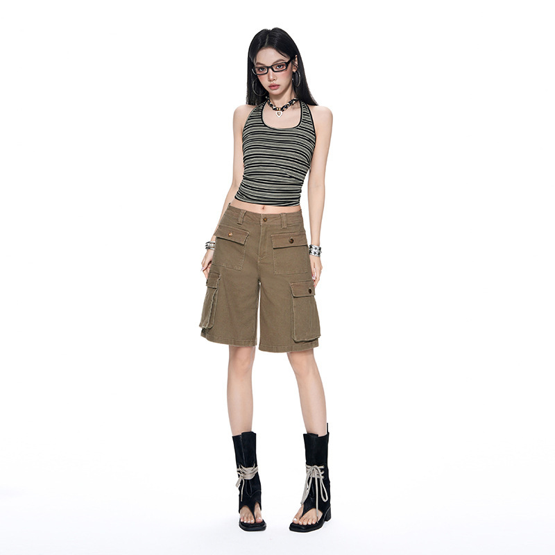 Ss& American Retro Multi-Pocket Workwear Denim Shorts, New Summer Style, Low-Waist Khaki Straight Wide-Leg Shorts Ss& American Retro Multi-Pocket Workwear Denim Shorts, New Summer Style, Low-Waist Khaki Straight Wide-Leg Shorts