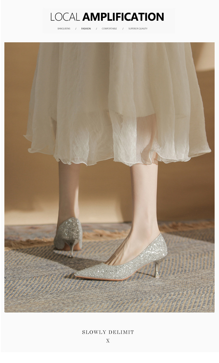 Giày cao gót mũi nhọn sequin lấp lánh CG6018 – miệng nông, gót nhọn — Màu Sâm panh chi tiết 8