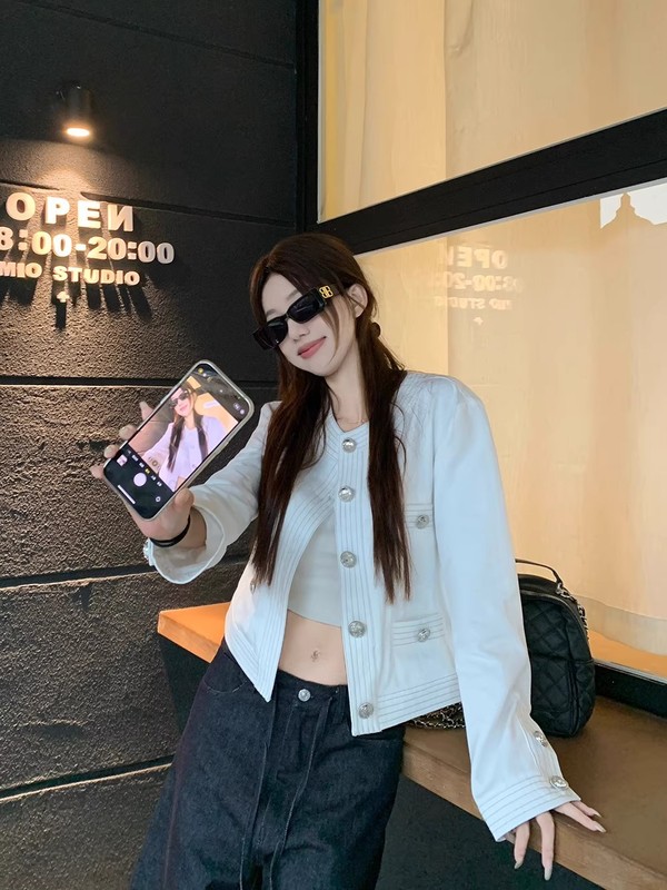 美式复古设计感明线圆领长袖牛仔外套女秋季宽松显瘦独特别致上衣|undefined
