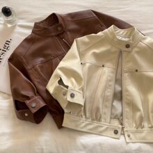 2024儿童皮衣男童韩版宝宝机车服春秋中小童夹克纯色外套一件代发