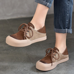 文藝復古真皮女鞋2024春夏款頭層牛皮休閒單鞋拼色低幫後踩懶人鞋