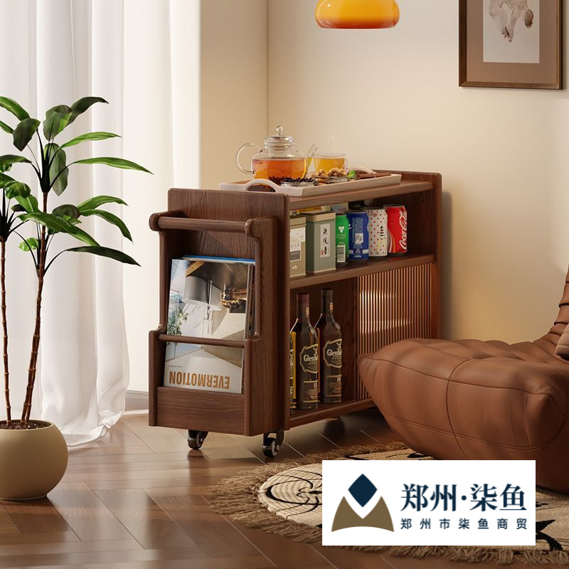 Mobile Side Table Solid Wood Living Room Movable Sofa Side Small Coffee Table Household Trolley Multi-Functional Storage Cabinet