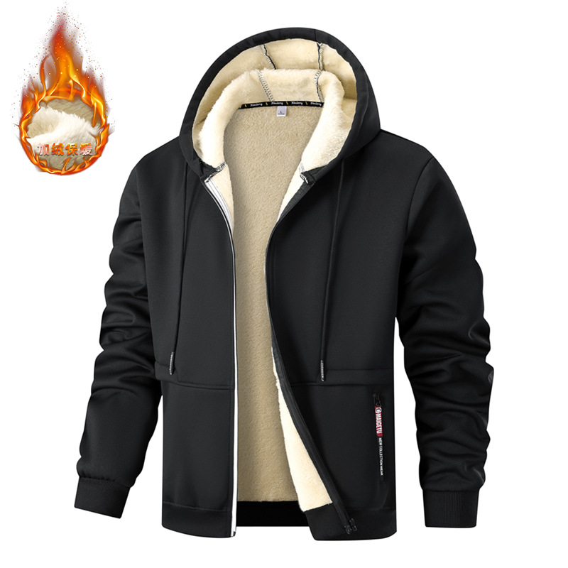 Cross-border European size cardigan sweatshirt, lamb fleece men's hooded jacket, fleece-lined and thickened, winter outdoor sports sweatshirt wholesale