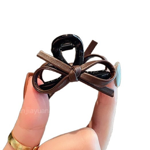 美拉德咖色皮质蝴蝶结小抓夹女高级感后脑勺半扎发鲨鱼夹发夹发饰|undefined