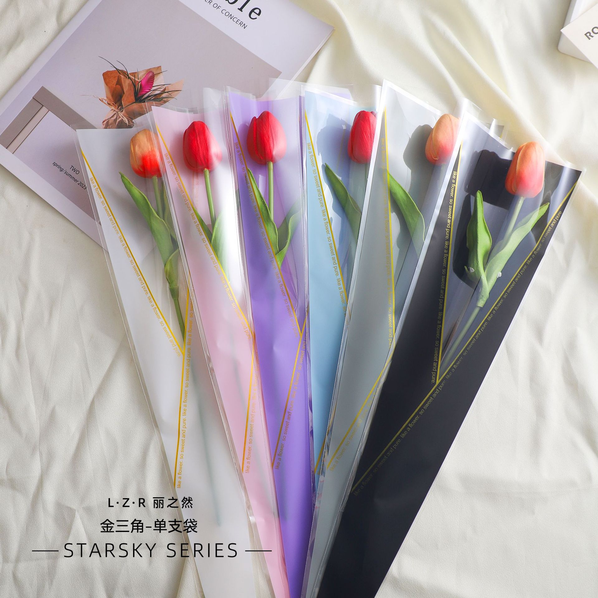 Festival de los maestros de Qixi triángulo de oro translúcido bolsas de rosas individuales embalaje de flores materiales de ramo