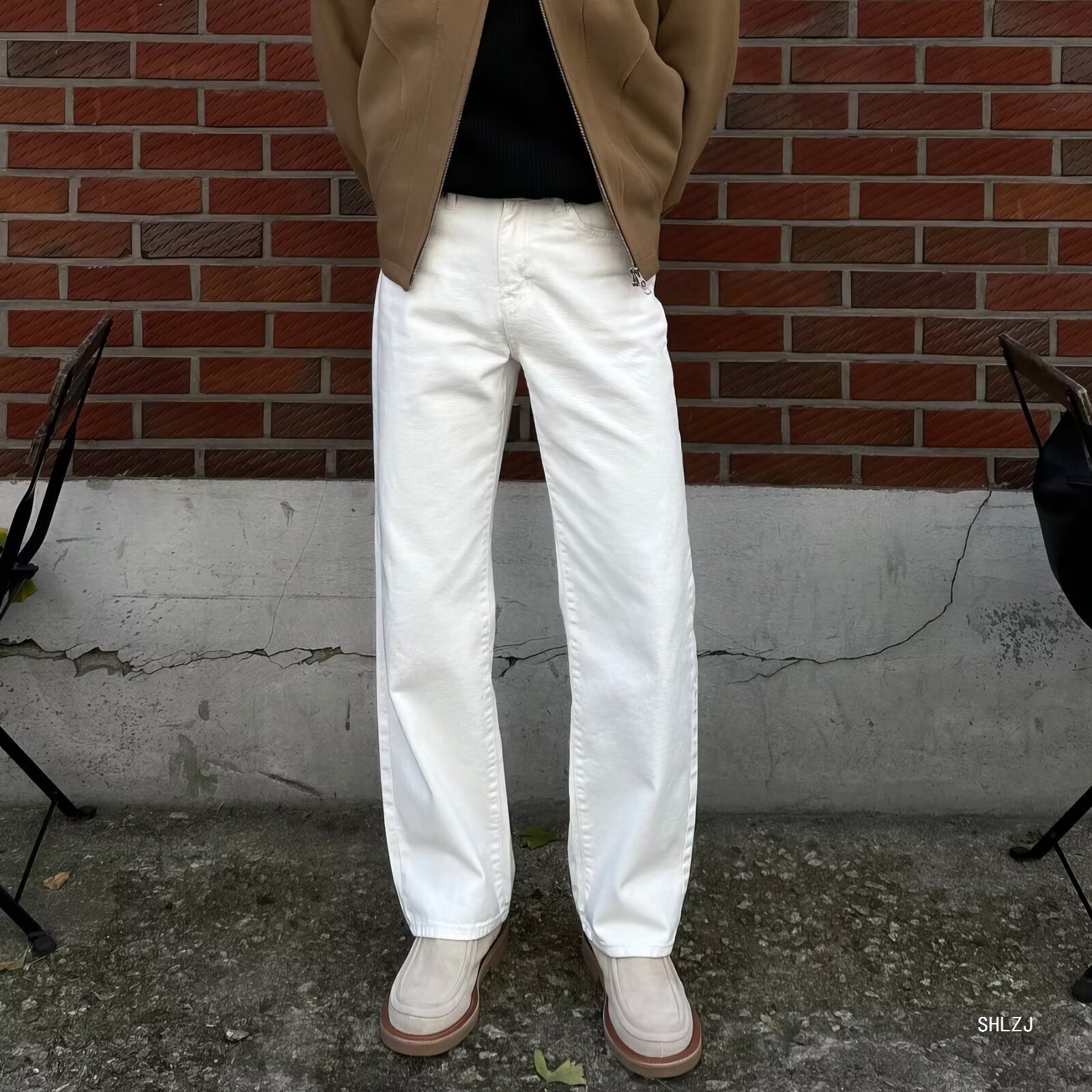 Men's High Street Loose Fit Black Jeans Versatile White Wide Leg Pants Retro Slimming Straight Leg Casual Long Trousers_mkmklike.com