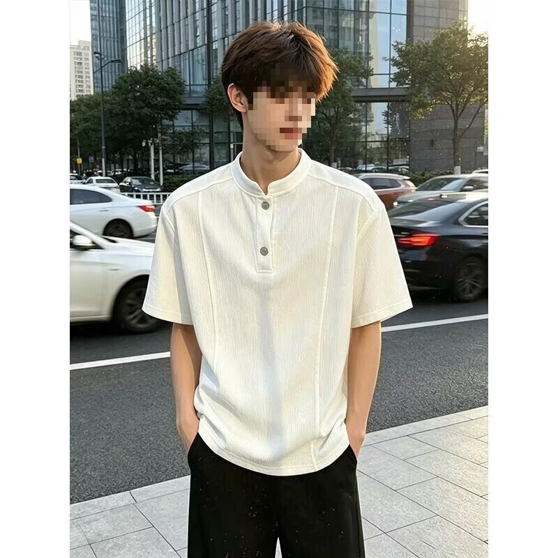 Harajuku New Chinese-Style Stand-Collar Polo Shirt for Men, Short-Sleeve Summer Thin Ice Silk Knit Striped Half-Sleeve T-Shirt Trendy