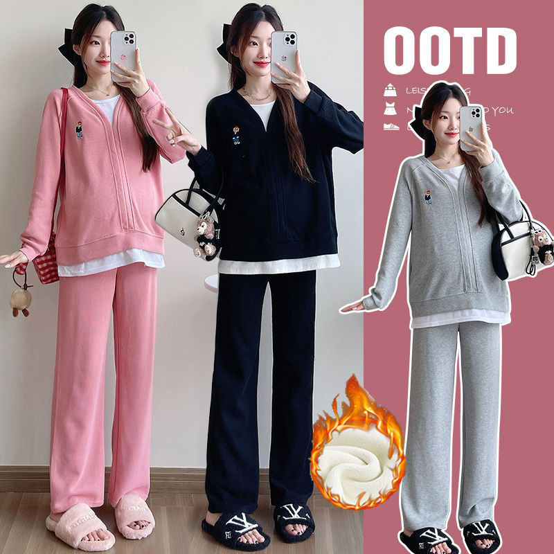 Maternity Wear Autumn and Winter 2025 New Fashion Trendy Sports Casual Suit Internet Celebrity Fleece-Lined Maternity Suit Two-Piece Set
