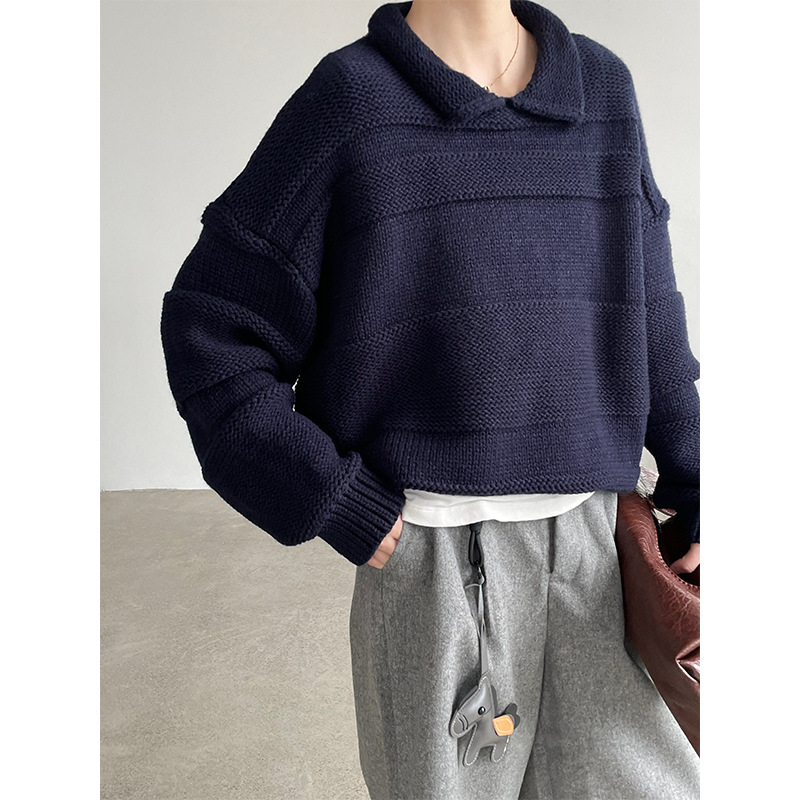 滔川   韩系娃娃领粗线针织毛衣秋季新款设计感百搭慵懒上衣OU067