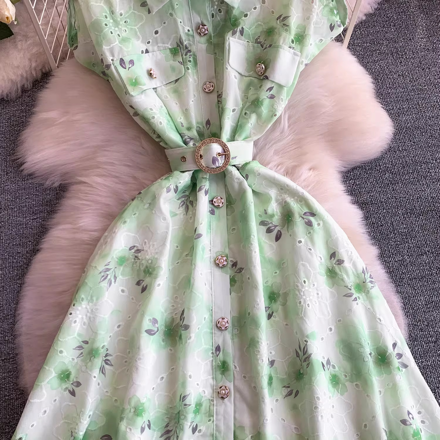 Youthful French Style Embroidered Print Dress With Raglan Sleeves Button Down Waist Cinching Long Light Luxury Summer Dress_ecoleips.com