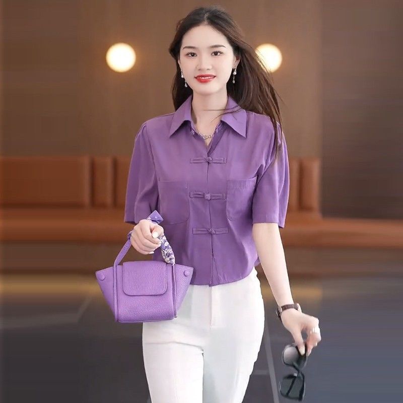 中国风夏季衬衫宽松纯色百搭衬衣气质半袖遮肚子盘扣上衣女士小衫|undefined