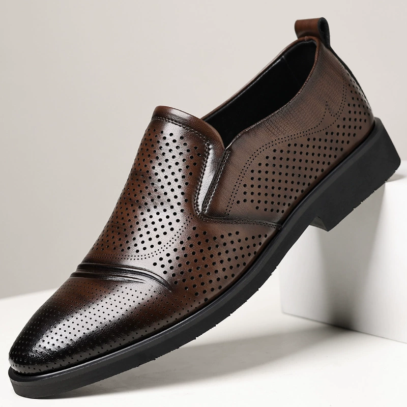 Кожаная обувь мужская 2025 летняя полая бизнес-обувь пригородная мягкая подошва повседневная британская мужская свадебная обувь
