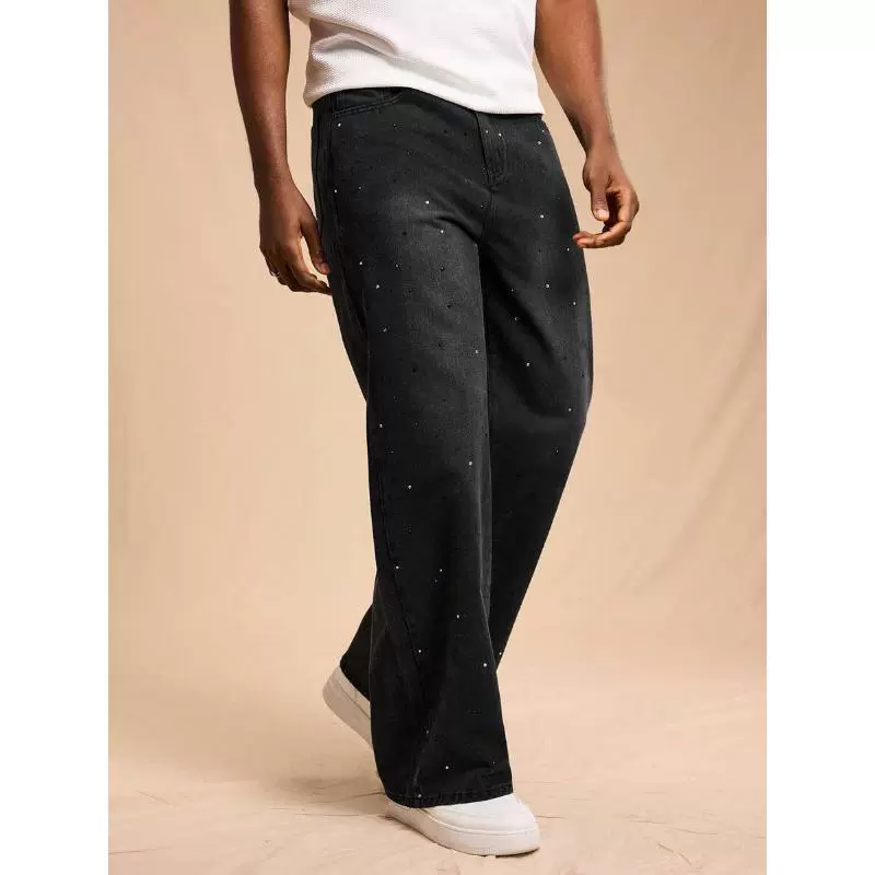 Мужские свободные джинсы с кристаллами, тёмно‑серый washed, relaxed fit