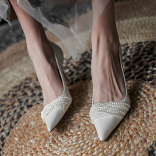 2023白色主婚紗秋法式尖頭高跟鞋女細跟單鞋真皮淺口氣質新娘婚鞋