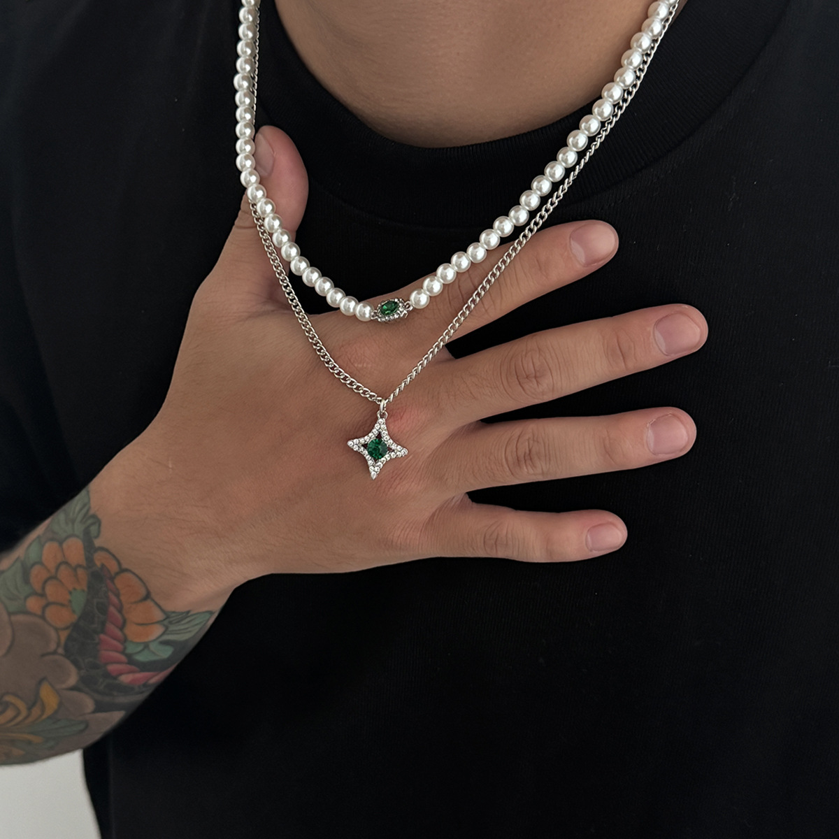 Gioielli talismano di protezione, gioielli transfrontalieri europei e americani, set di catene da uomo con perle extra dense, collana di alta gamma in stile hip-hop alla moda_voghion.com