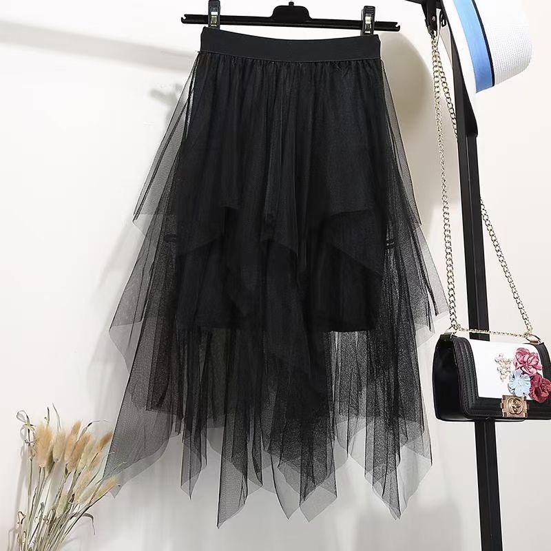 设计感前短后长不规则网纱裙子女2022新款韩版黑色高腰半身裙