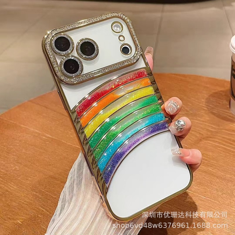 适用iPhone17promax立体流沙彩虹手机壳苹果16闪钻电镀全包保护套|undefined