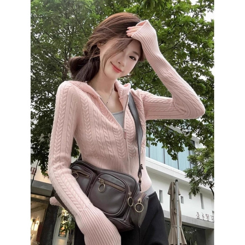 Twist zipper hooded knitted cardigan women's spring and autumn short sweater coat with base top