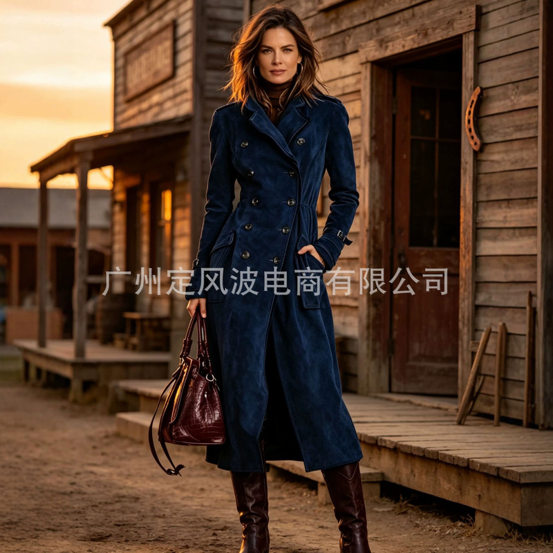 2026 Cross-border European and American style double-breasted suede long trench coat for women, new autumn and winter fashion coat with a turn-down collar and waist-cinching design 2026 Cross-border European and American style double-breasted suede long trench coat for women, new autumn and winter fashion coat with a turn-down collar and waist-cinching design