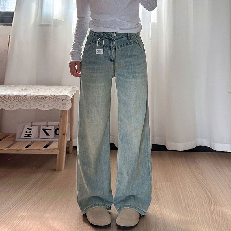 Light-Colored Wide-Leg Jeans for Women with Pear-Shaped Figures, Autum New Fat mm Large Size Loose Slimming Look Draped Straight Pants Light-Colored Wide-Leg Jeans for Women with Pear-Shaped Figures, Autum New Fat mm Large Size Loose Slimming Look Draped Straight Pants