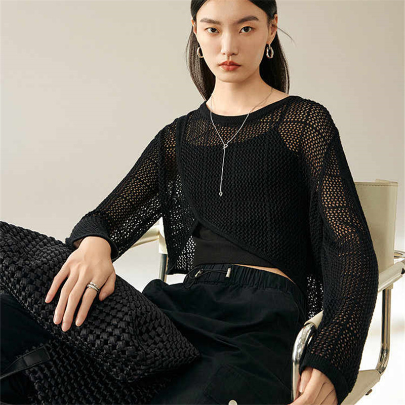 简约镂空针织衫女MOFAN摩凡2025春奶油米不规则设计感上衣