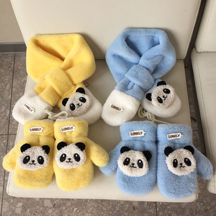 Autumn and Winter Warm Thickened Children's Scarf Gloves Embroidered Cute Panda Scarf Baby Plush Cartoon Scarf