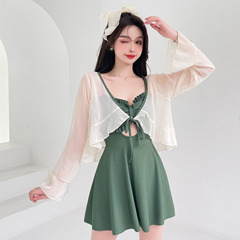 One-piece swimsuit lace two-piece bikini sexy sun protection conservative swimwear hot spring ins style black slimming