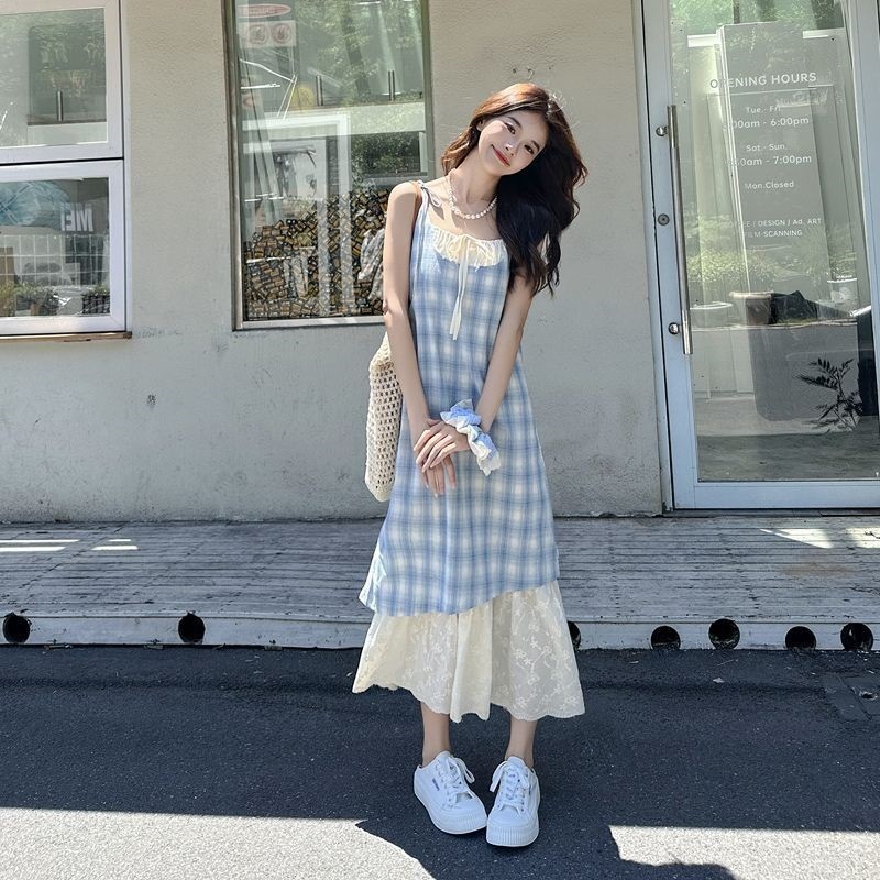 蕾丝拼接格子吊带裙连衣裙女2025夏季新款清新宽松显瘦假两件裙子|undefined